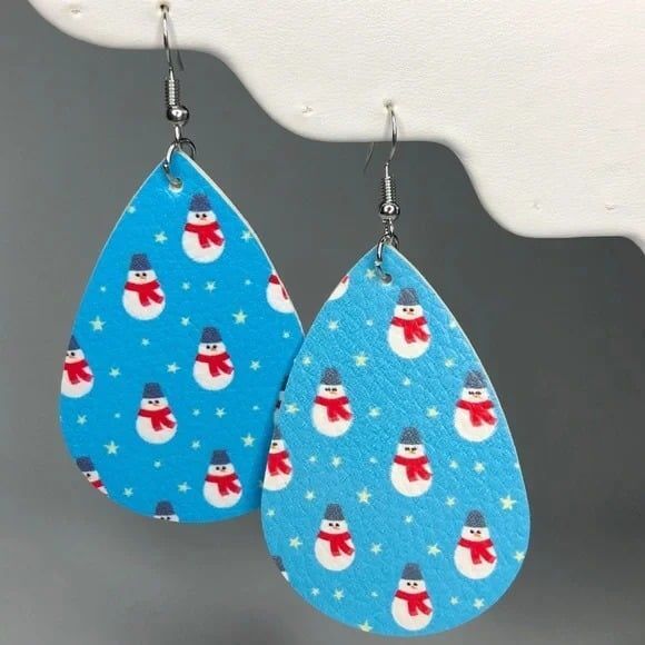 Light Blue PU Leather Snowman Teardrop Earrings - Picture 1 of 6